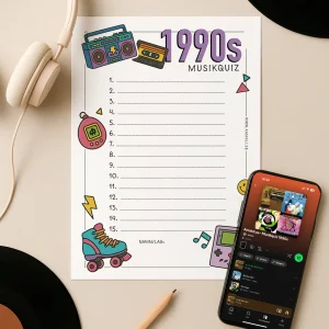 90-talet Musikquiz | Digitalt nedladdning | Svarsblad & spellista